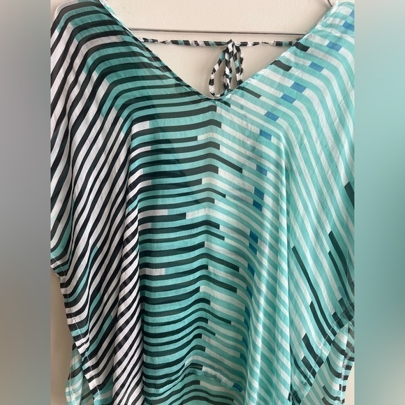 100% Silk Seafoam Green and Stripes V Neck Top with Tie - Picture 3 of 11
